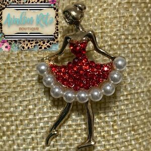 Elegant Gold and Red Rhinestone Pearl Ballerina Brooch NEW
